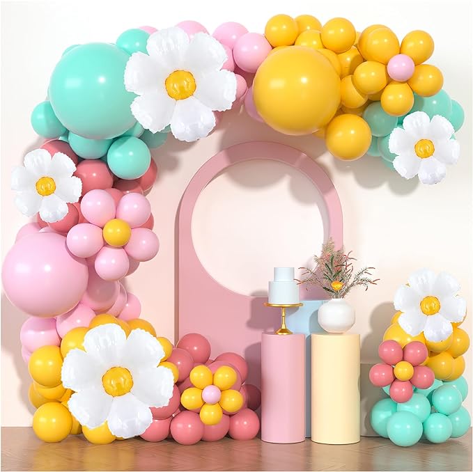 Groovy Balloon Arch Dusty Pastel Pink Teal Blue Double Stuffed Lemon Yellow Flower Balloons Daisy Balloon Garland Kit for Baby Shower Wedding Birthday Party Decorations 142pcs