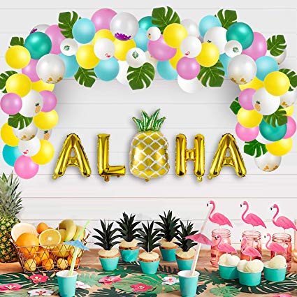 Luau Party Supplies - Hawaiian Decorations Set 96pcs Aloha Banner/Tropical Leaves/Confetti Balloon Arch/Drinking Straws - Flamingo Pineapple Summer Beach Pool Backdrop