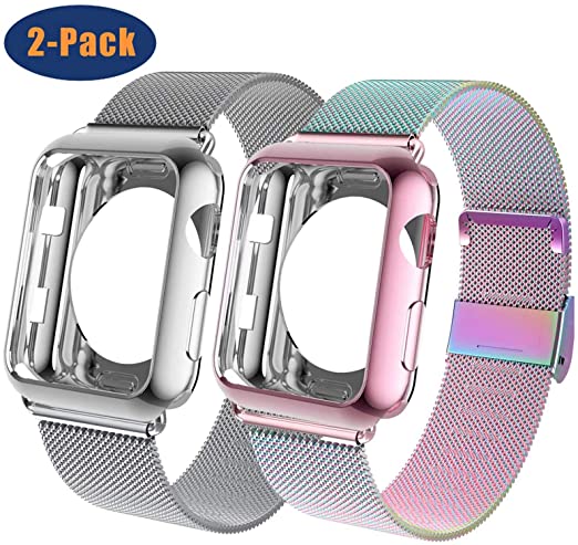 OHCBOOGIE Compatible with Apple Watch Band 38mm 40mm 42mm 44mm with Case, Wristband Loop Replacement Band Compatible Iwatch Series 5,Series 4,Series 3,Series 2,Series 1,2pack