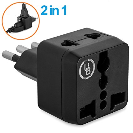 Yubi Power 2 in 1 Universal Travel Adapter with 2 Universal Outlets - Built in Surge Protector - Black - Type L for Chile, Ethiopia, Italy, Lybia, Syria, Tunisia, & Uruguay