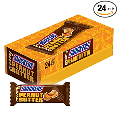 Creamy SNICKERS Peanut Butter Single Size Square Candy Bars, 1.4-Ounce Bars 24-Count Box