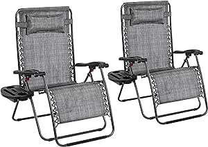 Yaheetech Zero Gravity Chair Outdoor Patio Recliner Heavy Duty Adjustable Foldable Sunlounger W/Cup Holder & Carry Strap for Patio Poolside Deck Gray/2