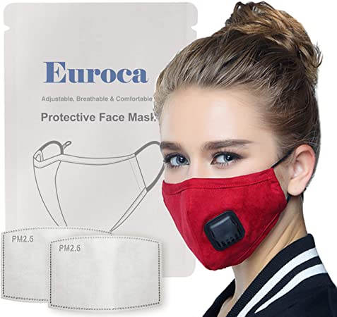 Euroca Reusable Face Masks with Breathing Valve & Activated Carbon Filter Made from Cotton Fabric Washable with Nose Clips Adjustable Ear Loop for Men Women Teens -2 Filters Included (Red) …