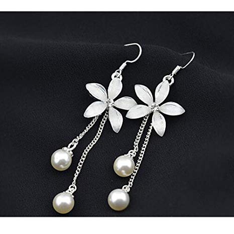 LuckySHD Women's 925 Sterling Silver CZ Long Chain Flower Pearl Dangle Drop Earrings