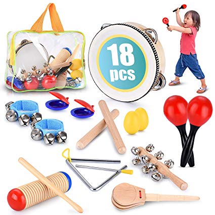 briteNway Educational & Musical Percussion Kids Instrument Set 18 Pcs – With Tambourine, Maracas, Castanets & More – Promote Fine Motor Skills, Enhance Hand To Eye Coordination, Have Fun With Sound