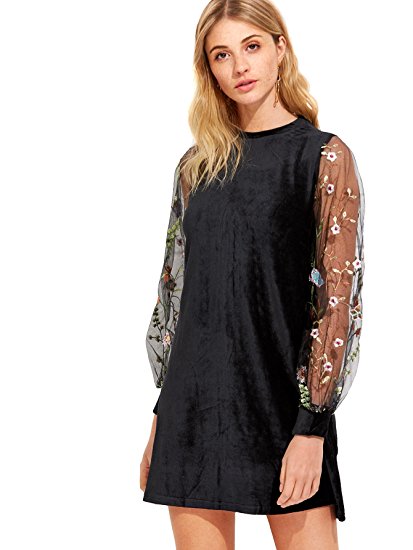 DIDK Women's Velvet Tunic Dress with Embroidered Floral Mesh Bishop Sleeve