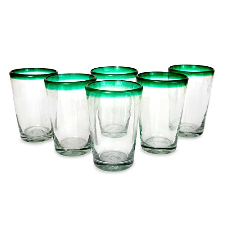 NOVICA Artisan Crafted Clear Green Glass Recycled Glasses, 15 oz 'Conical' (set of 6)