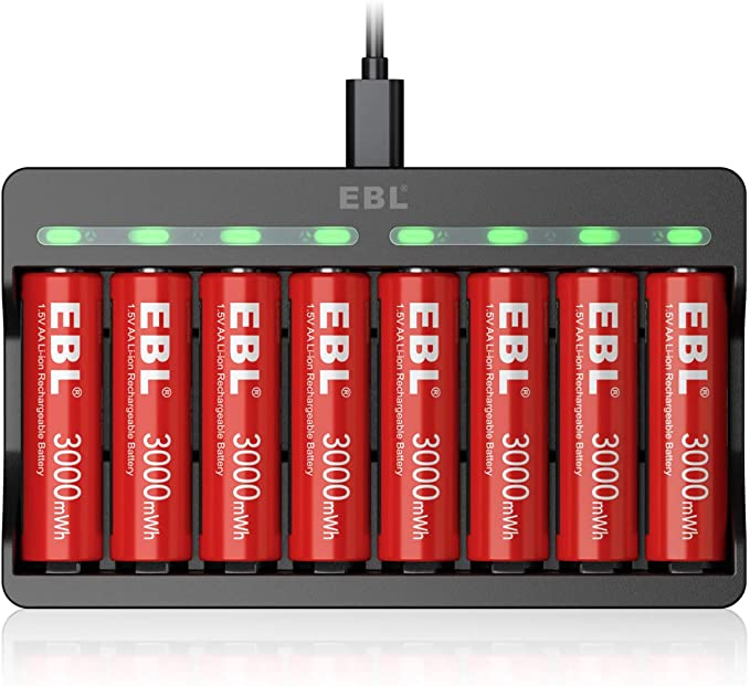 EBL 8PCS Piles Rechargeables AA 1,5V AA Puissants, avec Chargeur de Piles 8 Slots pour AA/AAA 1,5V Piles Rechargeables Li-ION