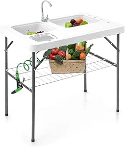 Goplus 40'' Folding Fish Cleaning Table with Dual Water Basins, Faucet Drainage Hose & Sprayer, Portable Camping Sink Table, Outdoor Fish Fillet Cleaning Station with Grid Rack for Picnic