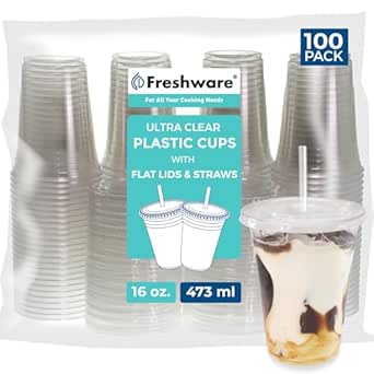 Freshware 16 oz Clear Disposable Plastic Cups with Flat Lids and Straws, 100 Pack Clear Plastic Cups Tumblers, Heavy-duty Party Glasses, Disposable Cups for Thanksgiving, Halloween, Christmas Party