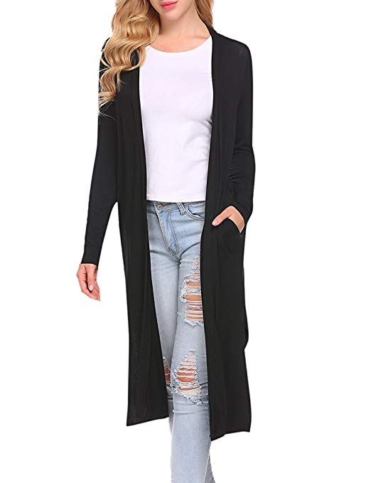 Women's Long Sleeve Open Front Drape Duster Maxi Long Cardigan with Side Slits