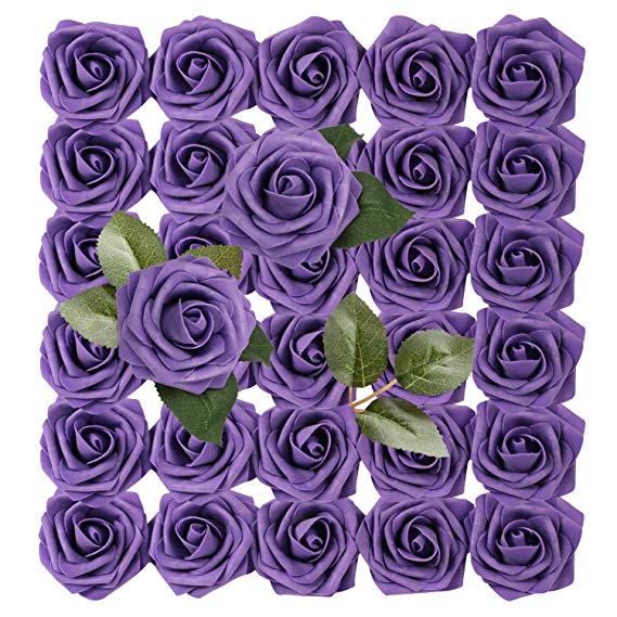 Homcomodar Artificial Flowers Purple Rose 30pcs Real Looking Fake Roses with Stem for Wedding DIY Bouquets Centerpieces Arrangement Party Home Décor