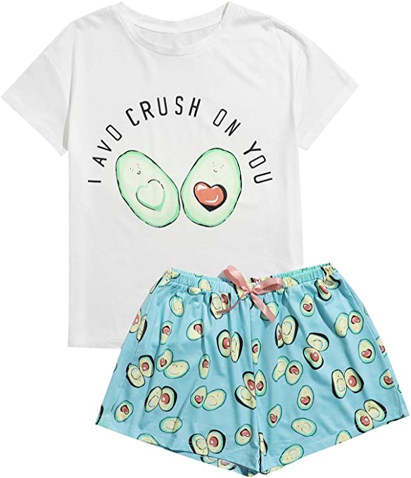 DIDK Women's Cute Cartoon Print Tee and Shorts Pajama Set