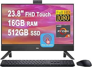 Dell Inspiron 24 5415 AIO Desktop 23.8" FHD AIT InfinityEdge Touchscreen AMD 6-Core Ryzen 5 7530U Processor (Beats i7-1255U) 16GB RAM 512GB SSD USB-C HDMI FHD Pop-up Camera Win11 Black