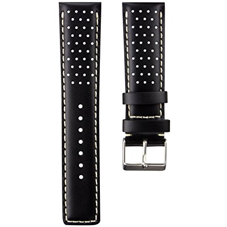 Perforated Sport D-1 Padded Leather Watch Band in Jet Black & Ivory Stitch 22mm