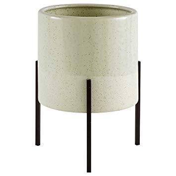 Rivet Mid-Century Ceramic Planter with Iron Stand 9.1" H, Green