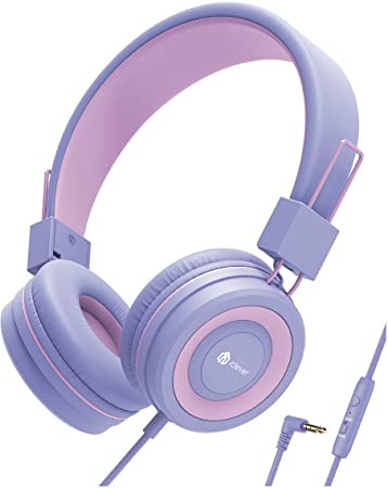 iClever HS14 Kids Headphones - Wired Headphones for Kids with MIC, Adjustable Headband, Stereo Sound, Foldable, Untangled Wires, 3.5mm Aux Jack, 94dB Volume Limited - Childrens Headphones on Ear(Purple,Pink)