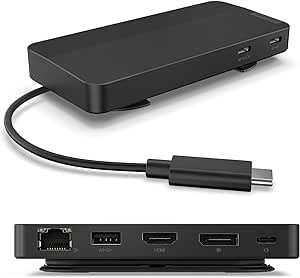 Lenovo USB-C Dual Display Travel Dock, 7 Ports, HDMI & DP Ports Support Dual Displays at 4K, Up to 100W PD Pass Through, Integrated USB-C Cable, Black