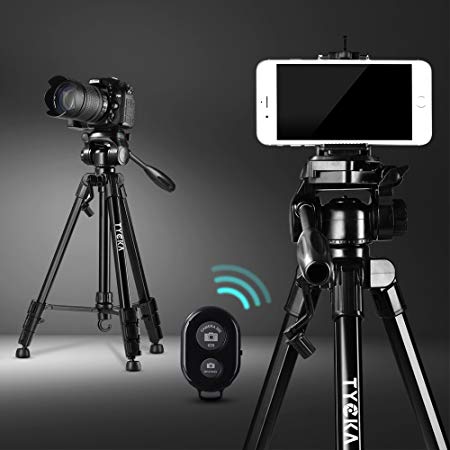 Tycka 57” Basics Tripod with Wireless Remote for DSLR Cameras, Smartphones and Gopro, 3-way Pan/Tilt Head, Lightweight Aluminum Construction, with carrying bag and phone holder