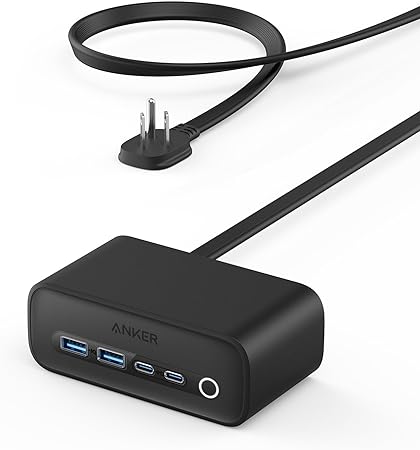 Anker 525 Charging Station, 7-in-1 USB C Power Strip for iPhone 14/13, 5 ft Thin Cord and Flat Plug, 3 AC, 2 USB A, 2 USB C, 65W Power Delivery Desktop Accessory for MacBook Pro, Home, Office (Black)