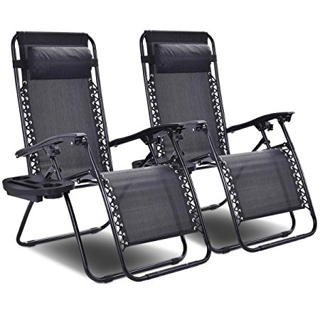 Goplus 2PC Zero Gravity Chairs Lounge Patio Folding Recliner Outdoor Yard Beach With Cup Holder (Black)