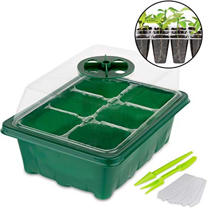 Seed Starter Tray (10 Pack) 6 Cell Seedling Plant Germination and Tool Kit for Garden Plant Seeds -Seed Starting Tray with Garden Dome Lid, Base Tray, Planting Hand Tools, Dibber, Widger & Plant Tags