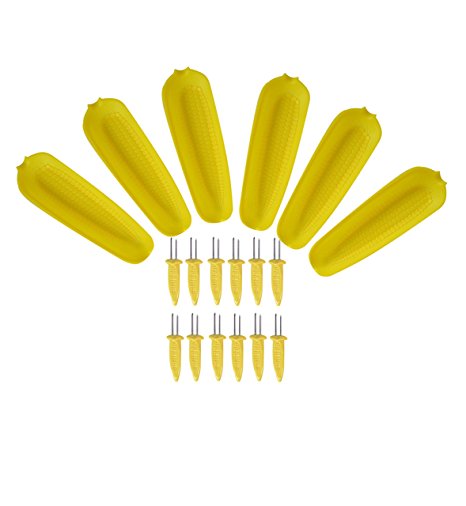 Grill Time Set of 6 Corn on the Cob Skewer and Dish Set - 18 PC Set: 6 Large Plastic Corn on the Cob Dishes and 12 Corn holders. Keep hands clean and free of oils and butter during Cookouts