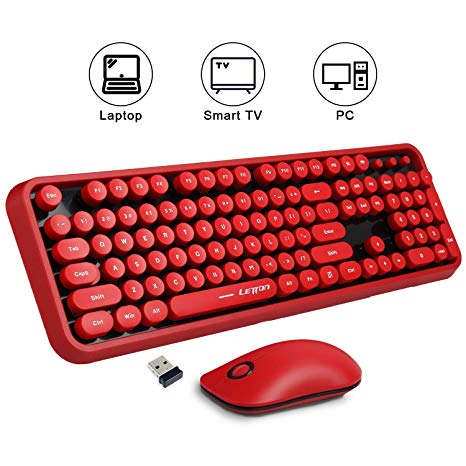 Wireless Keyboard and mous Combo,Cute Wireless Keyboard with Round Retro Style Red Key,2.4 GHz Connectivity,for PC,Laptop