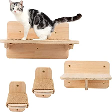4 Pack Wall Mounted Cat Hammock Climbing Steps Set- Wall Floating Cat Bed with Scratching Mat- Cat Hideaway Platform Climber Kitten Scratching Post Steps Cat Wall Furniture for Playing Lounging