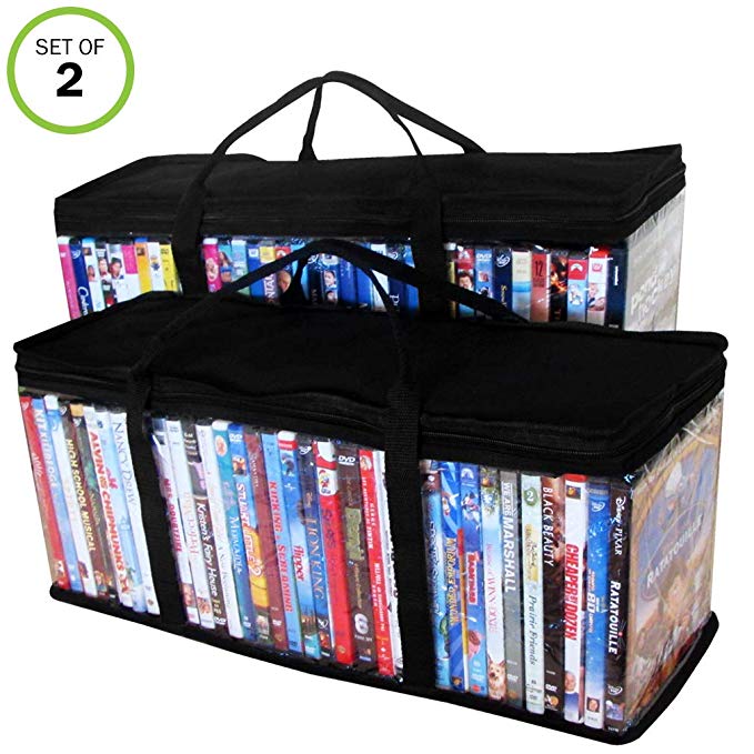 Evelots DVD-Blu Ray-Video-Storage Bag-Clear-Handle-Hold 80 Total-Black Top-Set/2
