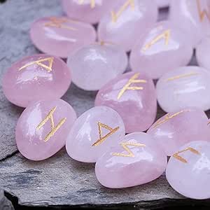 Crocon Rose Quartz Gemstone Rune Stone with Elder Futhark Alphabet Engraved Symbol 25 pcs Set for Feng Shui Reiki Crystal Healing Chakra Balancing Gift Home Decor Size: 15-20 mm