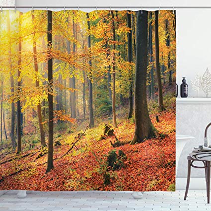 Ambesonne Farm House Decor Collection, Colorful Autumn Forest Sunbeams Golden Leaves Trees Seasonal Scenics Print, Polyester Fabric Bathroom Shower Curtain, Salmon Green Yellow