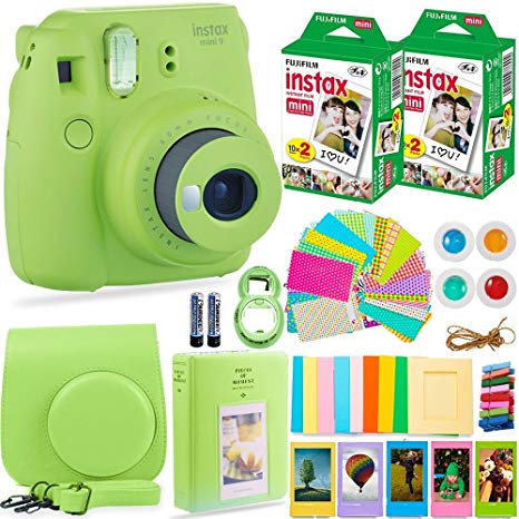 FujiFilm Instax Mini 9 Instant Camera   Fuji Instax Film (40 Sheets)   Bundle - Carrying Case, Color Filters, Photo Album, Stickers, Selfie Lens   MORE(Lime Green)