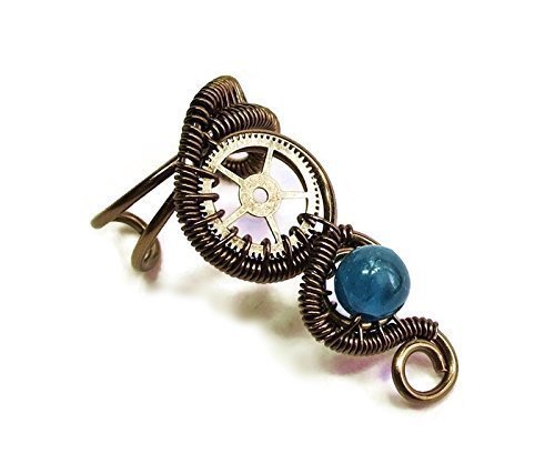 Blue Apatite and Bronze Small Woven-Wire Steampunk Ear Cuff