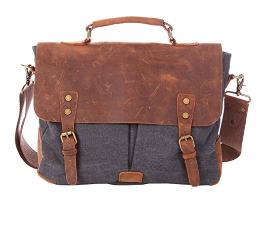 14Inch Laptop Tablet Messenger Bag,Berchirly Unisex Fashion Canvas Travel Briefcase Shoulder Bag with Genuine Leather Trim for Men Women