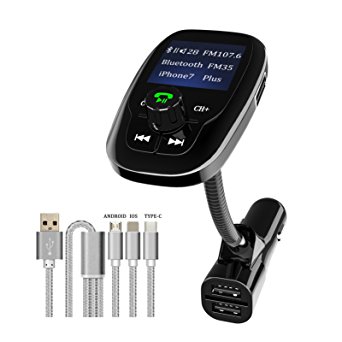 Bluetooth Car FM Transmitter with 2 Port 5V/3A USB Charger 3 in 1 Charging Cable Music MP3 Player Wireless Stereo Radio Adapter, Handsfree Support TF Card USB Flash Drive pipigo (Kit)