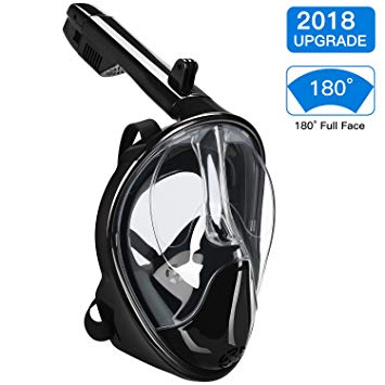 FOLKSMATE 180° Full Face Snorkel Mask for Adults/Kids, 2018 Upgraded Anti-Fog Anti-Leak with Camera Mount Adjustable Head Straps Design, Black, Size Large and Medium