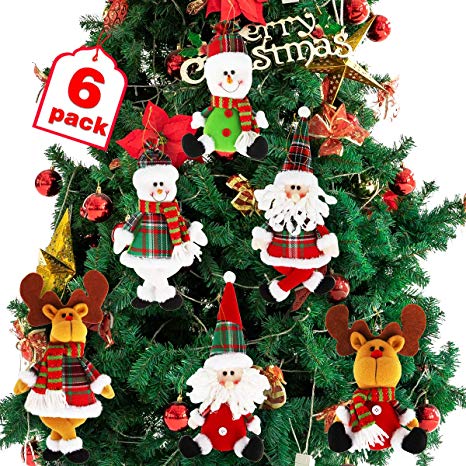 Dreampark Christmas Tree Ornaments, 6 Pack Xmas Plush Hanging Ornaments Holiday Party Decor Festive Season Pendant - Santa/Snowman/Reindeer Ornaments for Christmas Tree Decorations
