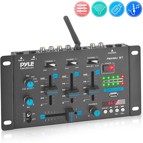 Wireless DJ Audio Mixer - 3 Channel Bluetooth Compatible DJ Controller Sound Mixer, Mic-Talkover, USB Reader, Dual RCA Phono/Line in, Microphone Input, Headphone Jack - Pyle PMX8BU