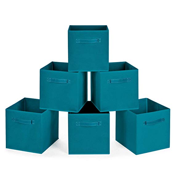 MaidMAX Cloth Storage Bins, Set of 6 Foldable Collapsible Fabric Cubes Organizers Basket with Dual Plastic Handles for Gift, Teal