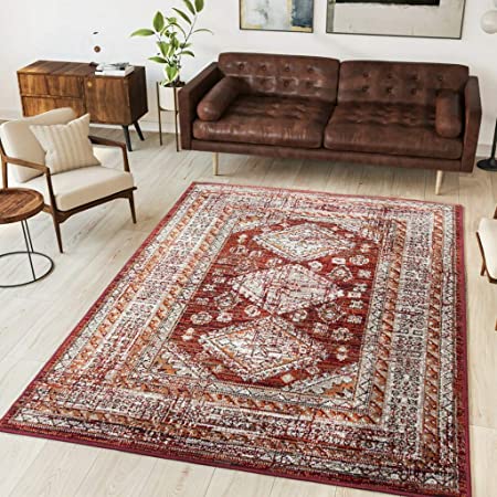 Traditional Oriental Red Brown Cream Rug Distressed Luxury Moroccan Vintage Living Room Area Floor Rugs 120cm x 170cm