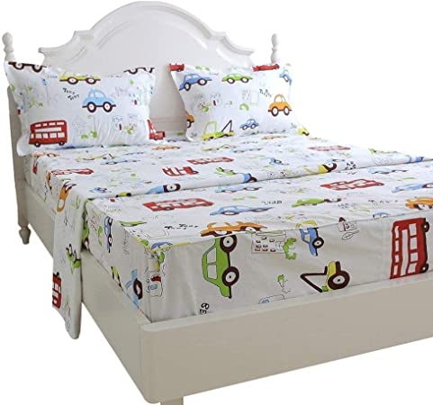 Brandream Kids Boys Bedding Set King Size Sheets Set Cotton Bed Sheet Set Trucks Cars Construction Bedding 4-Piece