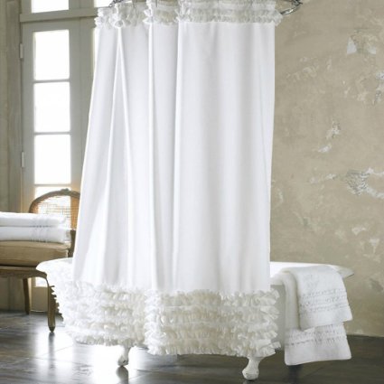 Efivs Arts White Ruffled Lace Fabric Dacron Bath Curtain with Stainless Steel Hoist Hooks, 72 X 72 Inch