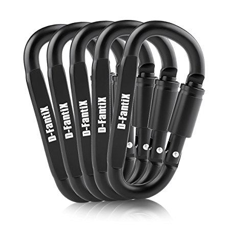 D-FantiX Aluminum Locking Carabiner Keychain Hook D Ring Clips EDC Gear Black Pack of 5