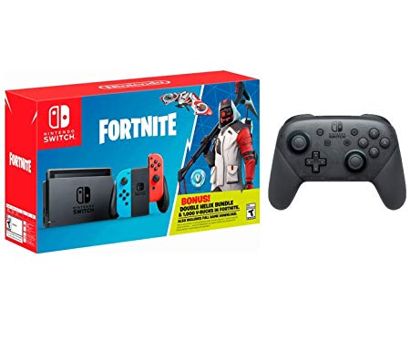 Nintendo Switch Fortnite Bonus Limited Bundle: Fortnite Double Helix Set, 1000 V-Bucks, Nintendo Switch Pro Controller and Nintendo Switch 32GB Console with Neon Red and Neon Blue Joy-Con