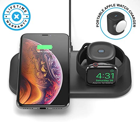 ONE Dock Fuse (MFi Certified) Dock w/Portable Apple Watch Charger Power Bank & Built-in 7.5W Qi Certified Fast Wireless Charging Pad, Made for Apple Watch 5,4,3,2,1 & iPhone (Black)