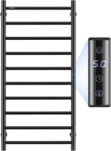 VEVOR 10 Bars Towel Warmer Rack, Wall Mounted Heated Towel Rack for Bathroom, IPX5 Waterpoof Towel Heater Rack with Timer & LED Display Screen, 5 Levels Adjustable Temperature Towel Heater, Black