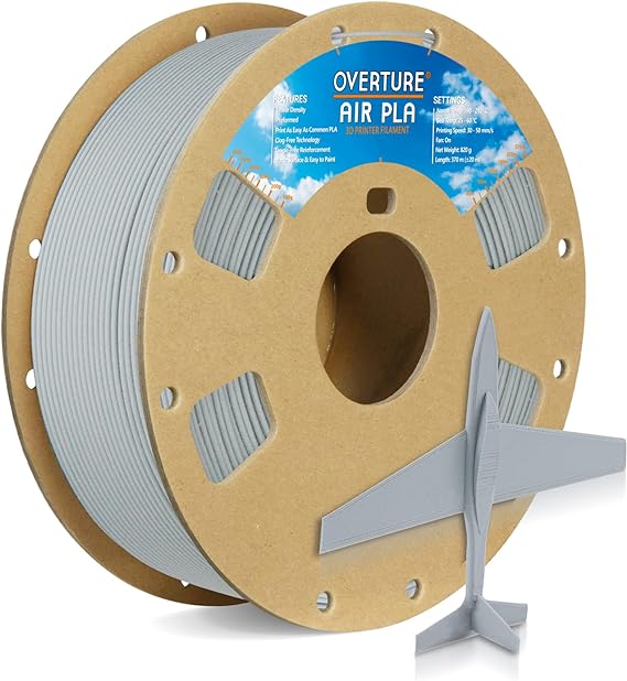 OVERTURE Air PLA Filament, Pre-Foamed PLA Low-Density, Lightweight PLA, Cardboard Spool, 0.8kg(1.76lbs), Dimensional Accuracy 99% +/- 0.03mm (Air Light Grey)