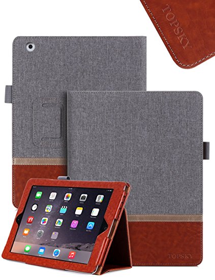 TOPSKY(TM) iPad 2 Case,iPad 3 Case,iPad 4 Case,Premium PU Leather And Fabric Case Smart Auto Wake/Sleep Cover with Velcro Hand Strap, Card Slots Case for iPad 2/3/4 ,With Stand Feature ,Grey-Brown