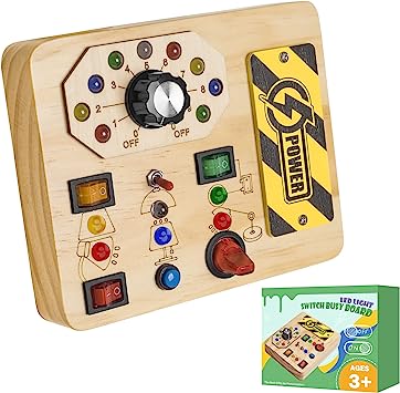 Wooden Busy Board Toys with LED Light Switch, Montessori Toddler Busy Board Toys，Sensory Board Toys Light Switch Toys Travel Toys for Kids Activities for 3  Year Old Boys & Girls Gifts